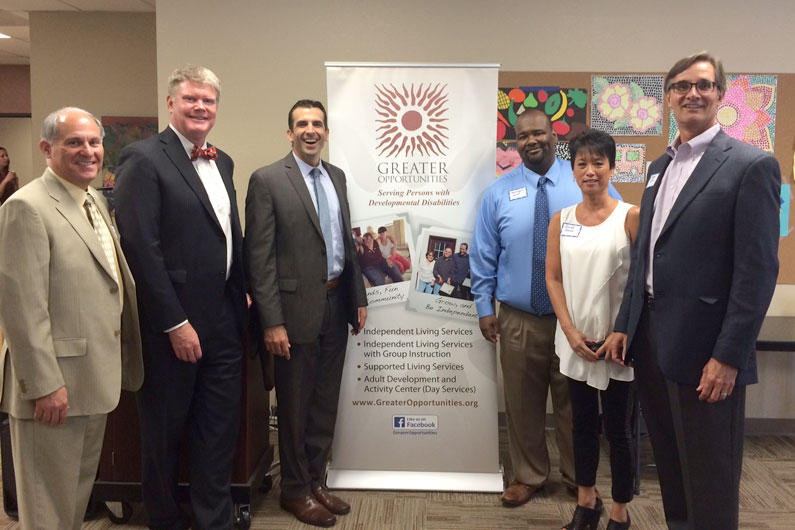 From left to right: Thomas Biagini, Board Chair; Mark Stone, Assembly Member; Sam Liccardo, Mayor-Elect, San Jose; Anthony Rowe, Director of Operations; Renee Brose, Day Program Coordinator, Craig King, Executive Director